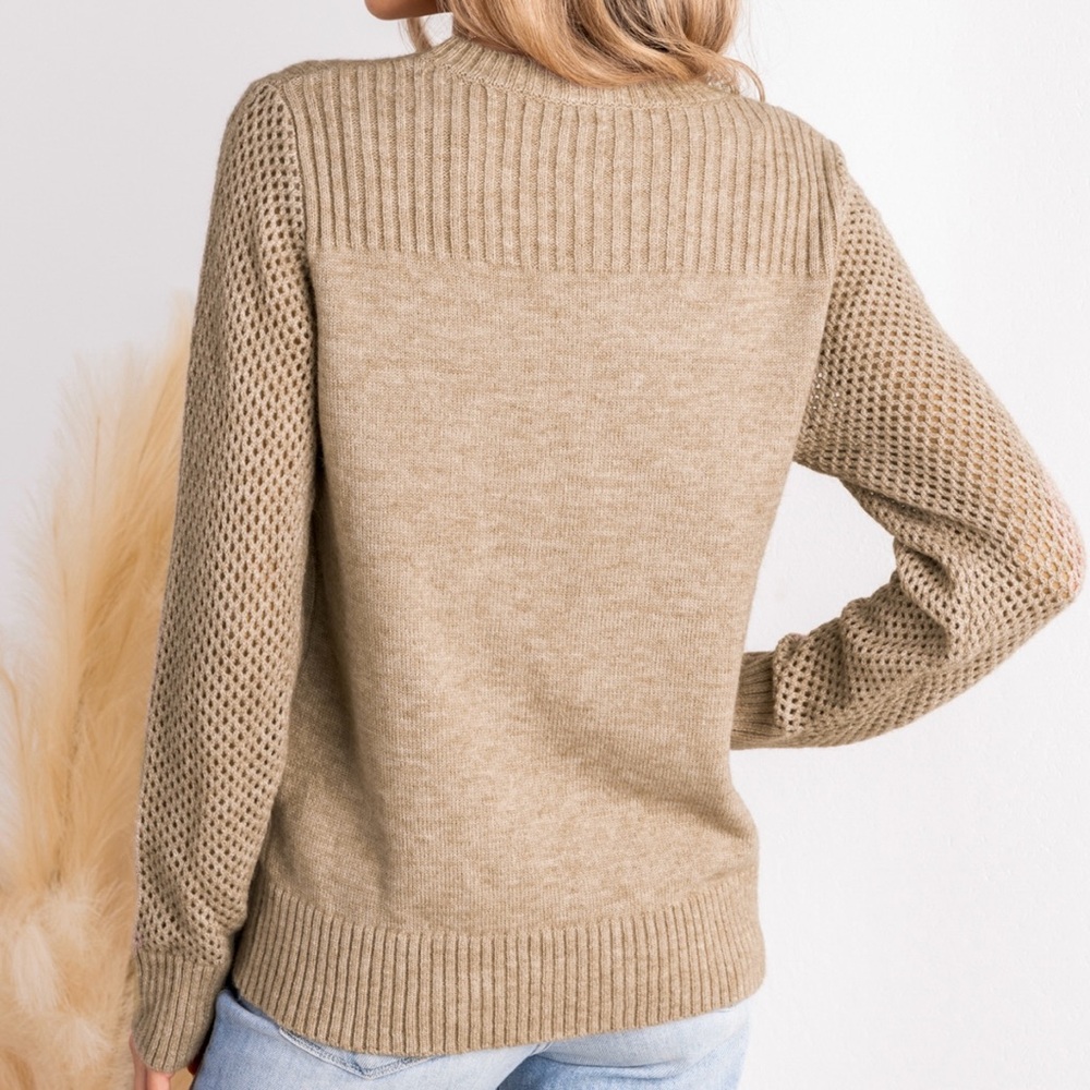 Cupshe Khaki Round Neck Perforated Long Sleeve Sweater - Picture 2 of 9